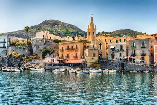 Panoramic view of the charming island coastline and deep blue Mediterranean Sea in Lipari, Sicily.