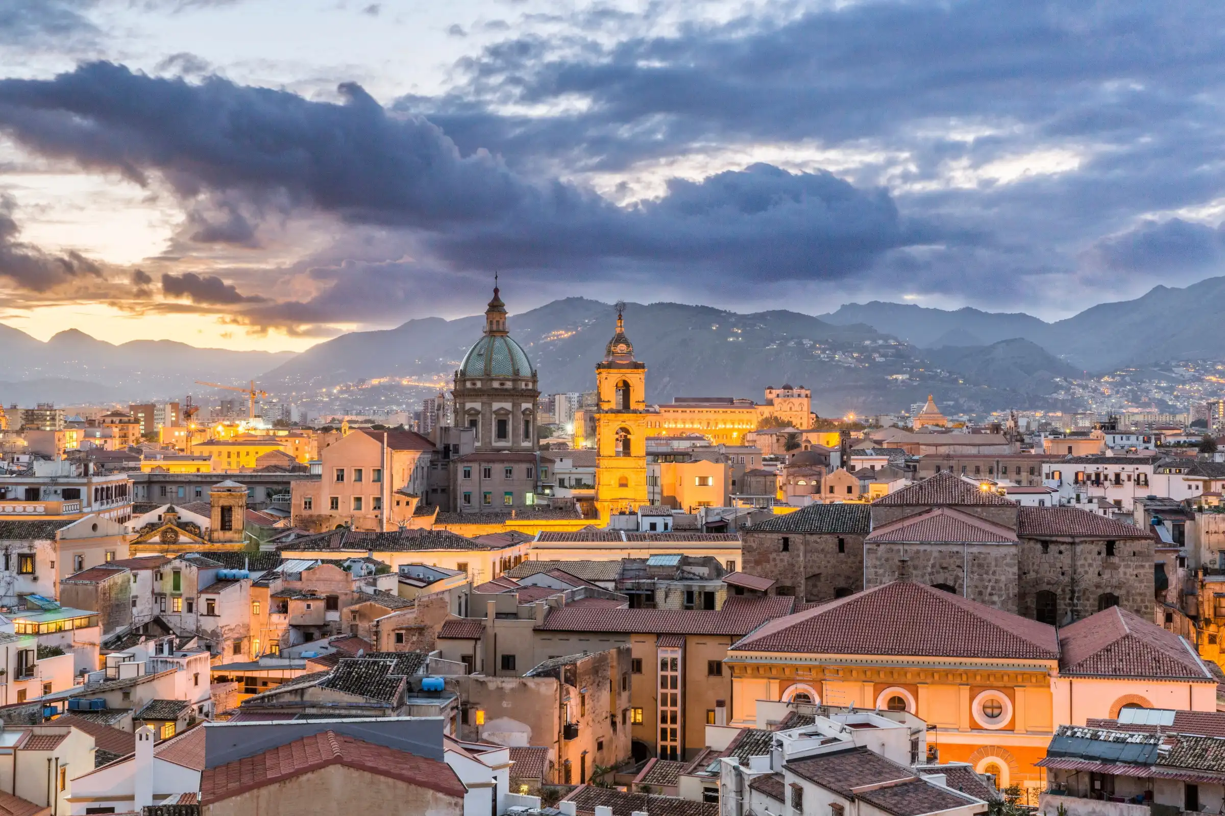 Panoramic view over the historic rooftops and classic architecture of Palermo, Sicily.
